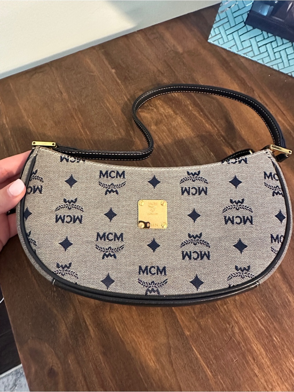 MCM Crescent Shoulder Bag in Blue Monogram